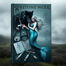 A striking book cover design that showcases an assortment of veterinary equipment, including stethoscopes, syringes, and animal anatomy illustrations