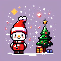 Pixel art PFP featuring a cute snowman with a Santa hat, standing next to a decorated Christmas tree under a starry night sky