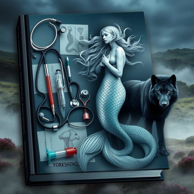 A striking book cover design that showcases an assortment of veterinary equipment, including stethoscopes, syringes, and animal anatomy illustrations