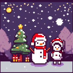 Pixel art PFP featuring a cute snowman with a Santa hat, standing next to a decorated Christmas tree under a starry night sky