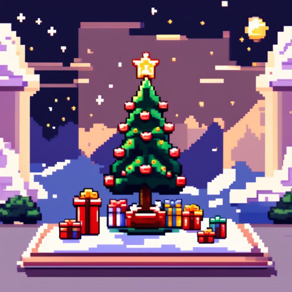 Pixel art PFP featuring a decorated Christmas tree with presents underneath, set against a snowy landscape under a starry night sky