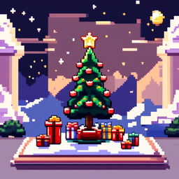 Pixel art PFP featuring a decorated Christmas tree with presents underneath, set against a snowy landscape under a starry night sky