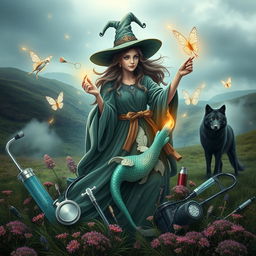 An enchanting book cover design that brings together an array of veterinary equipment such as stethoscopes, syringes, and medical supplies, intricately woven into a magical scene