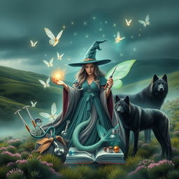 An enchanting book cover design that brings together an array of veterinary equipment such as stethoscopes, syringes, and medical supplies, intricately woven into a magical scene