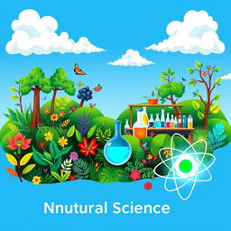A colorful and vibrant illustration depicting various aspects of natural sciences, including biology, chemistry, and physics