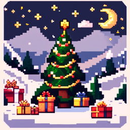 Pixel art PFP featuring a decorated Christmas tree with presents underneath, set against a snowy landscape under a starry night sky