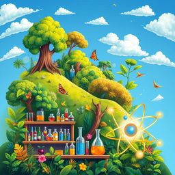 A colorful and vibrant illustration depicting various aspects of natural sciences, including biology, chemistry, and physics