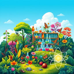A colorful and vibrant illustration depicting various aspects of natural sciences, including biology, chemistry, and physics