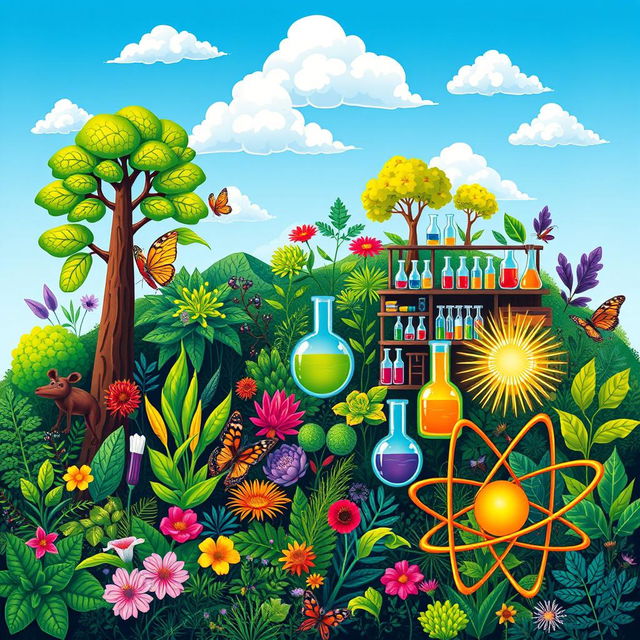 A colorful and vibrant illustration depicting various aspects of natural sciences, including biology, chemistry, and physics