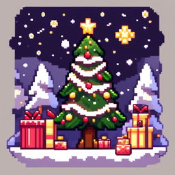 Pixel art PFP featuring a decorated Christmas tree with presents underneath, set against a snowy landscape under a starry night sky