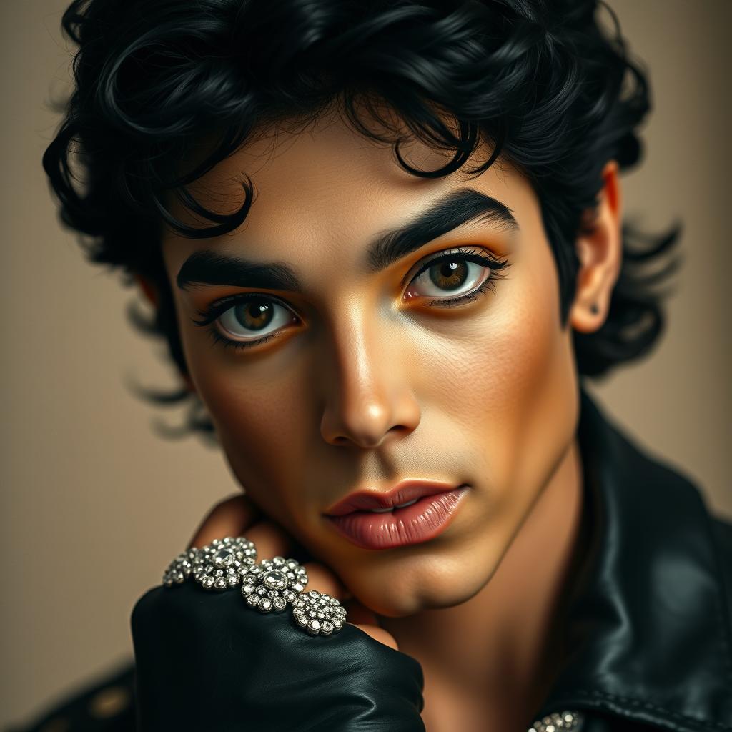 A hyper-realistic, close-up portrait of a young Michael Jackson, known as the King of Pop, capturing his iconic features like the distinct, smooth skin, vibrant dark curls, and signature leather jacket