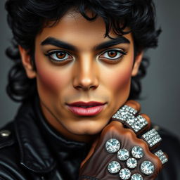A hyper-realistic, close-up portrait of a young Michael Jackson, known as the King of Pop, capturing his iconic features like the distinct, smooth skin, vibrant dark curls, and signature leather jacket