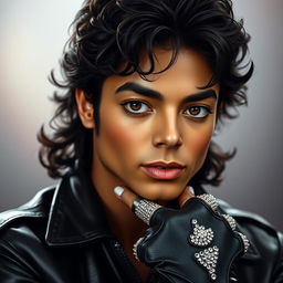A hyper-realistic, close-up portrait of a young Michael Jackson, known as the King of Pop, capturing his iconic features like the distinct, smooth skin, vibrant dark curls, and signature leather jacket