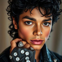 A hyper-realistic, close-up portrait of a young Michael Jackson, known as the King of Pop, capturing his iconic features like the distinct, smooth skin, vibrant dark curls, and signature leather jacket