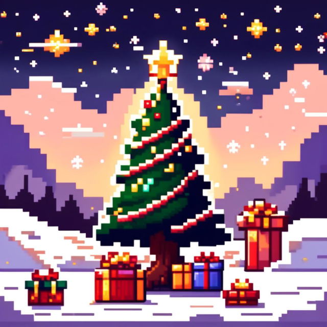 Pixel art PFP featuring a decorated Christmas tree with presents underneath, set against a snowy landscape under a starry night sky