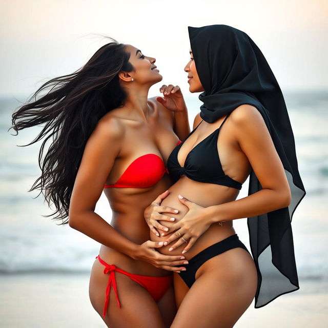 A passionate kiss between a beautiful Indian woman with long black hair and a fit figure in a sexy red bikini, and her pregnant Muslim girlfriend wearing a black bikini and a stylish hijab