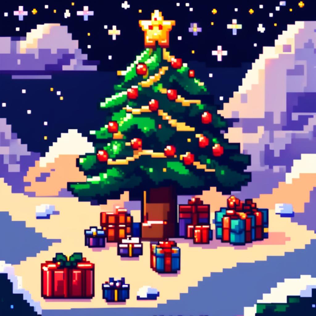 Pixel art PFP featuring a decorated Christmas tree with presents underneath, set against a snowy landscape under a starry night sky