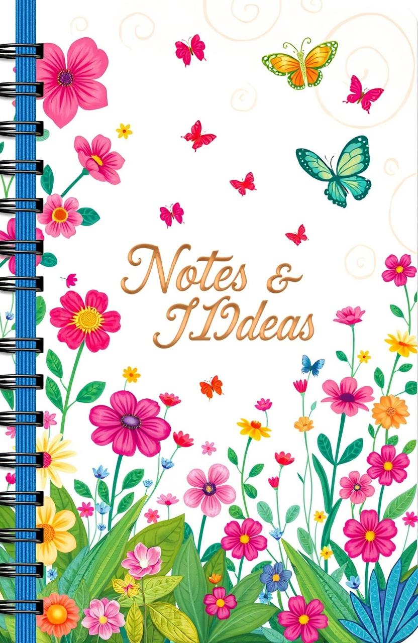 A vibrant and colorful notebook cover design featuring a whimsical garden scene filled with blooming flowers, playful butterflies, and lush greenery