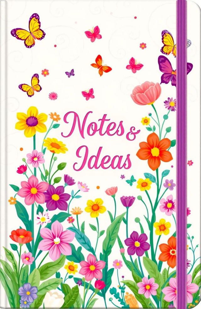 A vibrant and colorful notebook cover design featuring a whimsical garden scene filled with blooming flowers, playful butterflies, and lush greenery