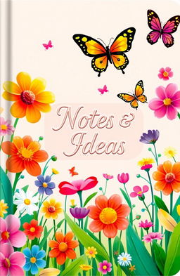 A vibrant and colorful notebook cover design featuring a whimsical garden scene filled with blooming flowers, playful butterflies, and lush greenery