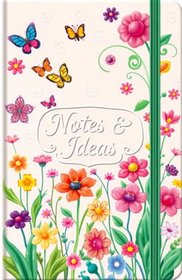A vibrant and colorful notebook cover design featuring a whimsical garden scene filled with blooming flowers, playful butterflies, and lush greenery
