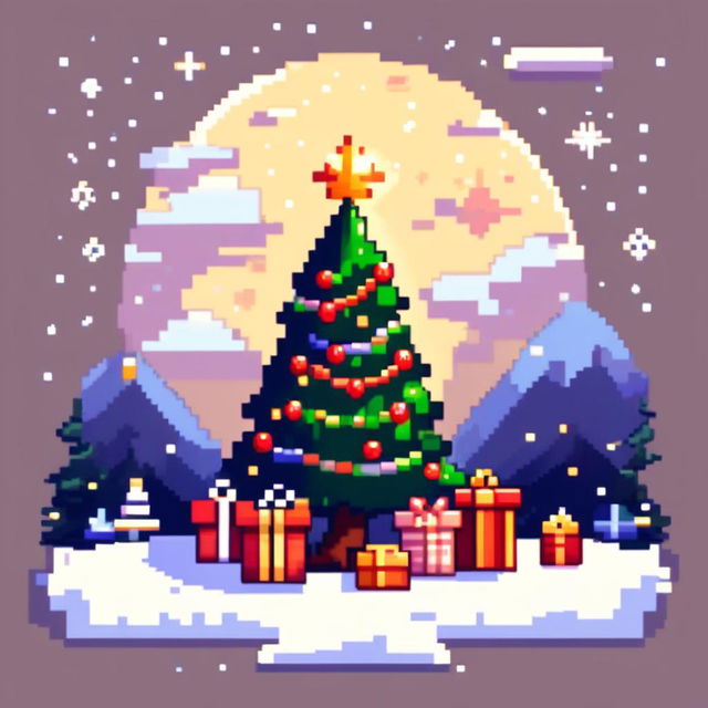 Pixel art PFP featuring a decorated Christmas tree with presents underneath, set against a snowy landscape under a starry night sky