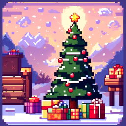 Pixel art PFP featuring a decorated Christmas tree with presents underneath, set against a snowy landscape under a starry night sky