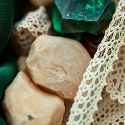 A detailed close-up of various textures including soft velvet, rough stone, smooth glass, and intricate lace