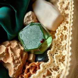 A detailed close-up of various textures including soft velvet, rough stone, smooth glass, and intricate lace