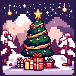 Pixel art PFP featuring a decorated Christmas tree with presents underneath, set against a snowy landscape under a starry night sky