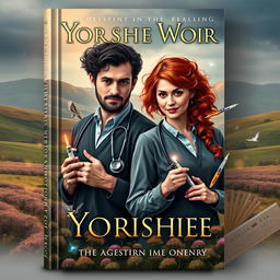 An intriguing book cover design featuring a man with curly black hair and a woman with striking copper hair, both depicted in a dynamic pose, possibly working together