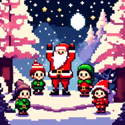 Pixel art PFP featuring an adorable Santa Claus with his elves, standing in a snowy landscape under a starry night sky.