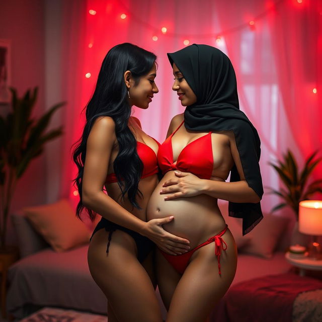 A tender moment between a beautiful Indian woman with long black hair and a fit figure in a sexy red bikini, and her pregnant Hijabi girlfriend wearing a black bikini and a stylish hijab