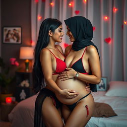 A tender moment between a beautiful Indian woman with long black hair and a fit figure in a sexy red bikini, and her pregnant Hijabi girlfriend wearing a black bikini and a stylish hijab