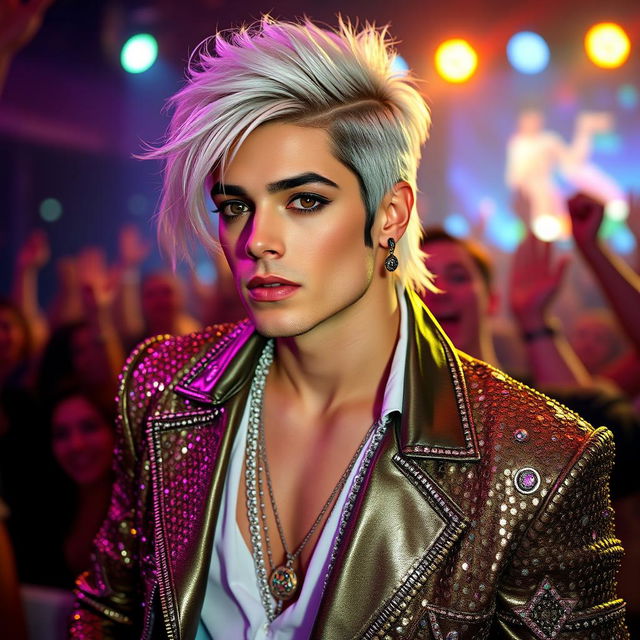 A photorealistic image of a male pop singer inspired by Michael Jackson, featuring platinum-colored hair styled in a contemporary fashion and a short beard