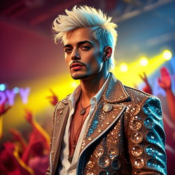 A photorealistic image of a male pop singer inspired by Michael Jackson, featuring platinum-colored hair styled in a contemporary fashion and a short beard