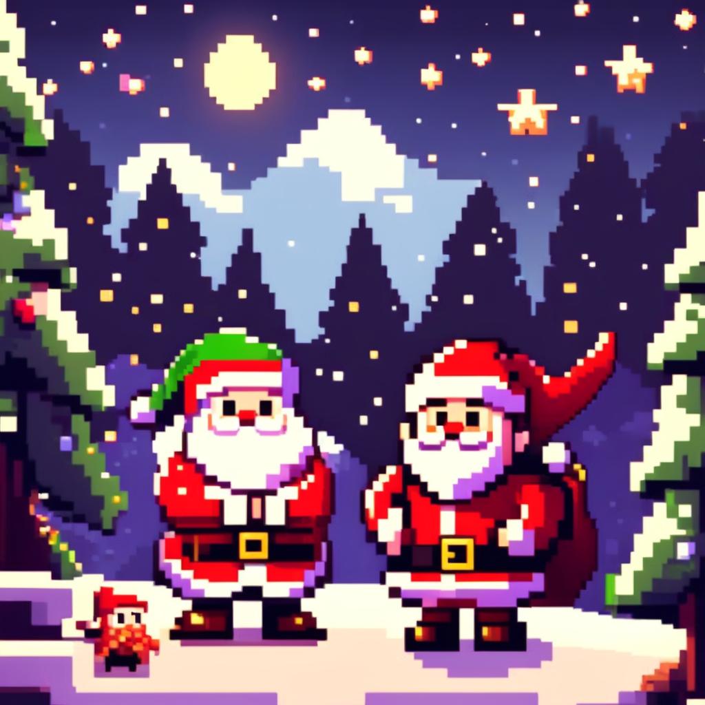 Pixel art PFP featuring an adorable Santa Claus with his elves, standing in a snowy landscape under a starry night sky.