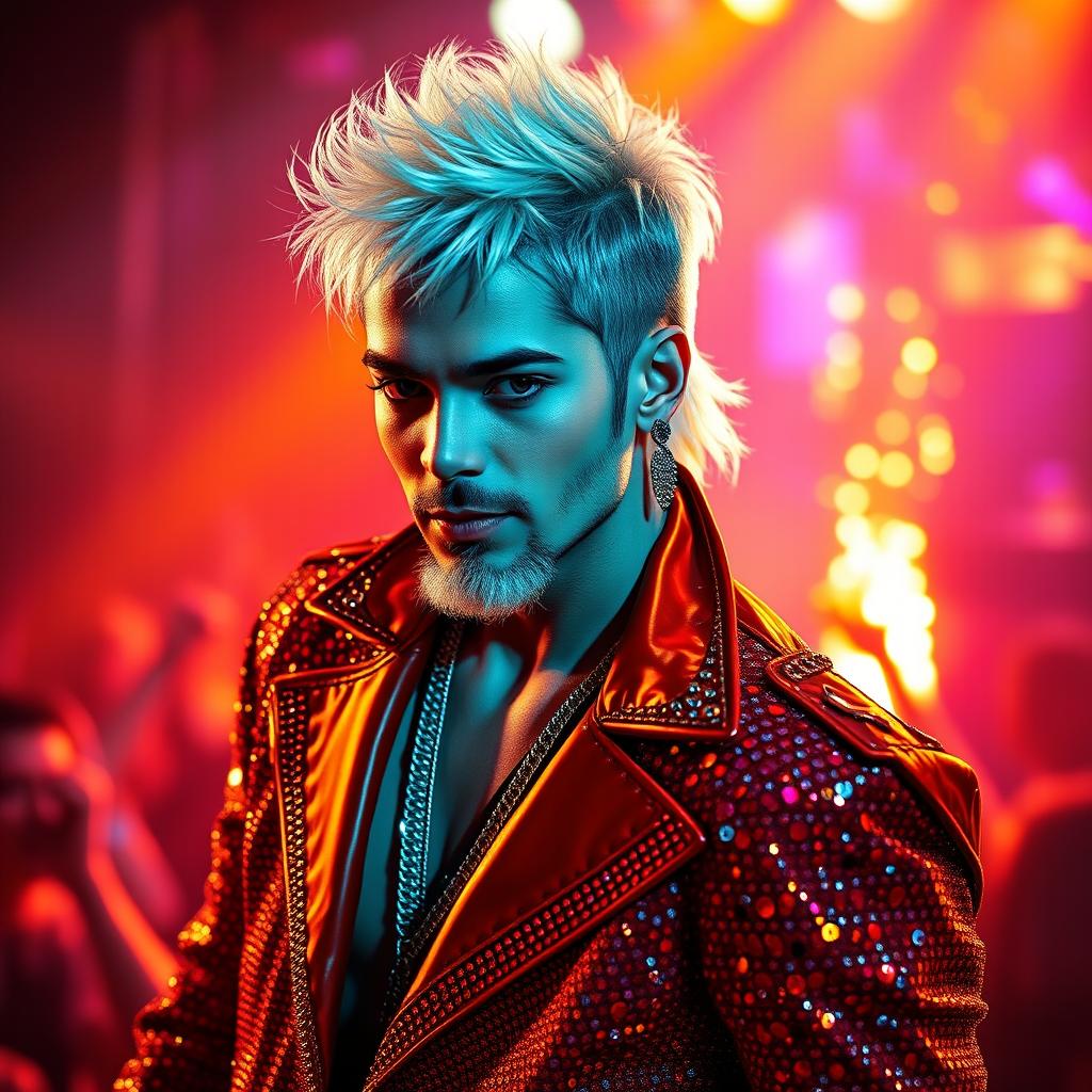 A photorealistic image of a male pop singer inspired by Michael Jackson, featuring platinum-colored hair styled in a contemporary fashion and a short beard