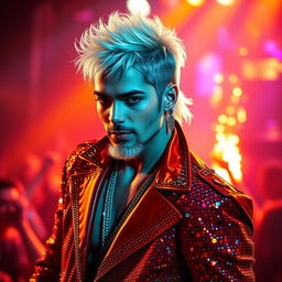 A photorealistic image of a male pop singer inspired by Michael Jackson, featuring platinum-colored hair styled in a contemporary fashion and a short beard