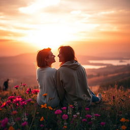 A romantic scene featuring a couple in love, sitting together on a picturesque hilltop during sunset