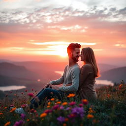 A romantic scene featuring a couple in love, sitting together on a picturesque hilltop during sunset
