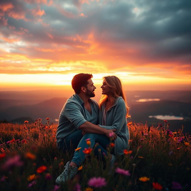 A romantic scene featuring a couple in love, sitting together on a picturesque hilltop during sunset