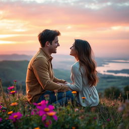 A romantic scene featuring a couple in love, sitting together on a picturesque hilltop during sunset