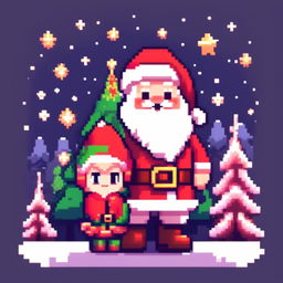 Pixel art PFP featuring an adorable Santa Claus with his elves, standing in a snowy landscape under a starry night sky.