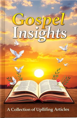 A captivating book cover for a gospel-themed articles collection, featuring a beautiful sunset sky with warm, golden tones