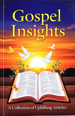 A captivating book cover for a gospel-themed articles collection, featuring a beautiful sunset sky with warm, golden tones