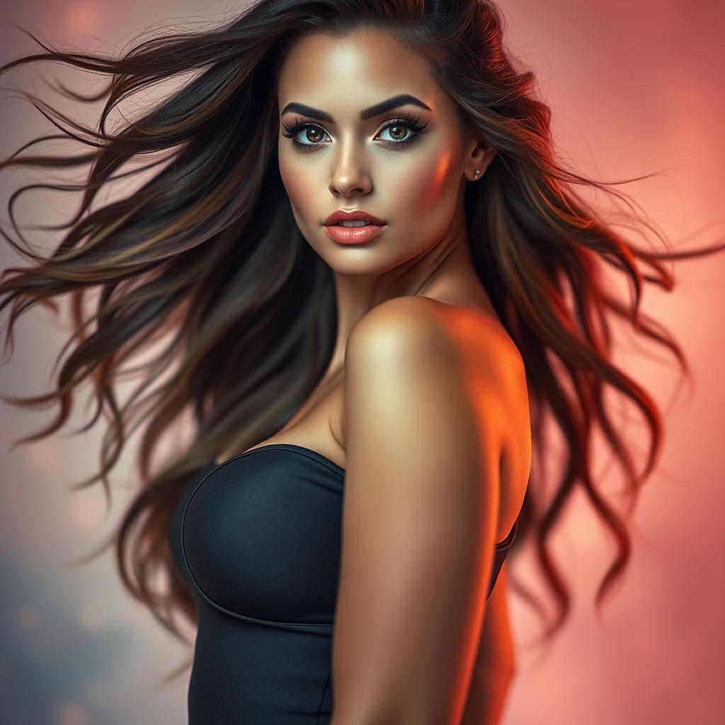 A stunning portrait of an attractive woman with flowing, luxurious hair, wearing a fashionable, form-fitting outfit that accentuates her curves