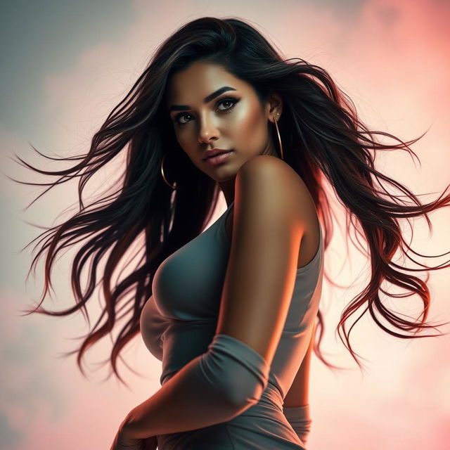 A stunning portrait of an attractive woman with flowing, luxurious hair, wearing a fashionable, form-fitting outfit that accentuates her curves