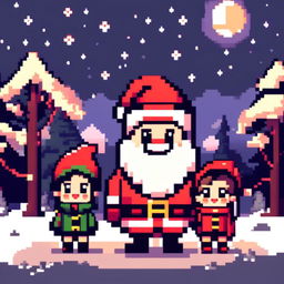 Pixel art PFP featuring an adorable Santa Claus with his elves, standing in a snowy landscape under a starry night sky.