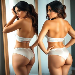 A beautiful woman admiring herself in the mirror, wearing a translucent white silk bra and panty